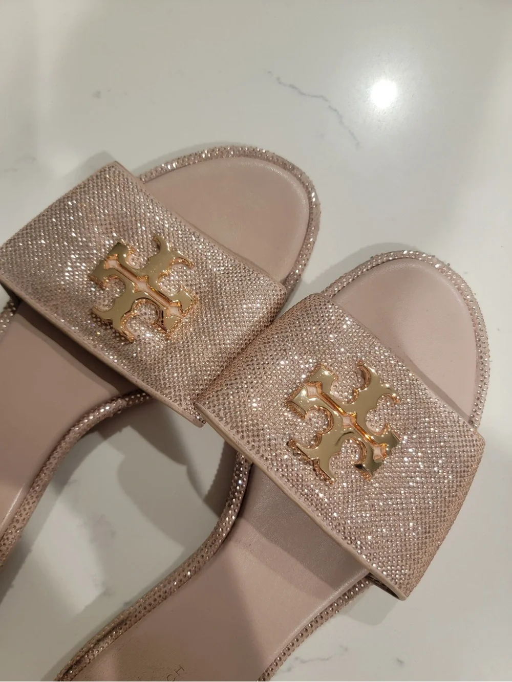 Tory Burch Women’s Glitter Logo Slide Sandals in Blush
